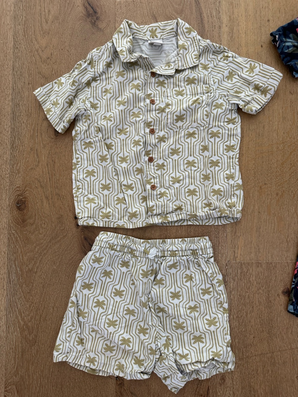 Kids Palm-Print Matching Shirt & Shorts Set in Olive on White, Hawaiian outfit